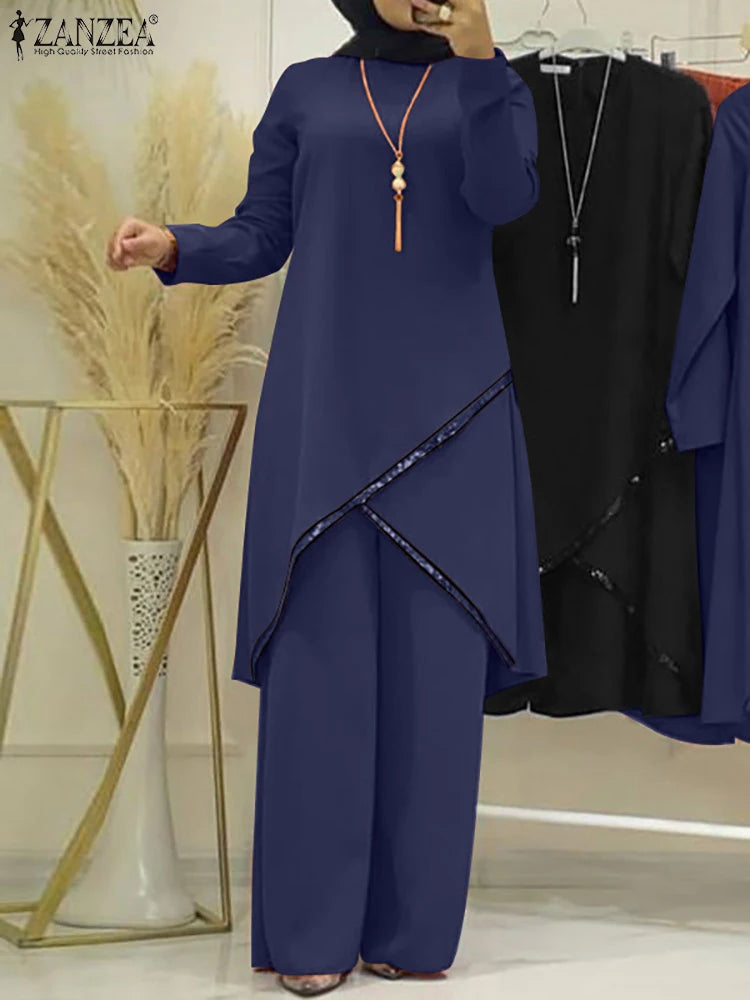 Autumn Muslim Sets Long Sleeve O-Neck turkish Blouse Wide Leg Pant Suit ZANZEA Casual Solid Women Matching Set Ladies Outfits