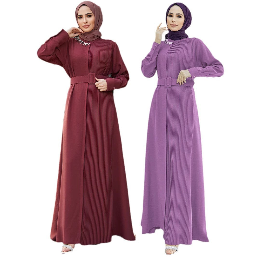 A1439 Middle East European And American Elegant Beaded Pleated Slim Fit Dress Muslim Dress (Excluding Headscarf)