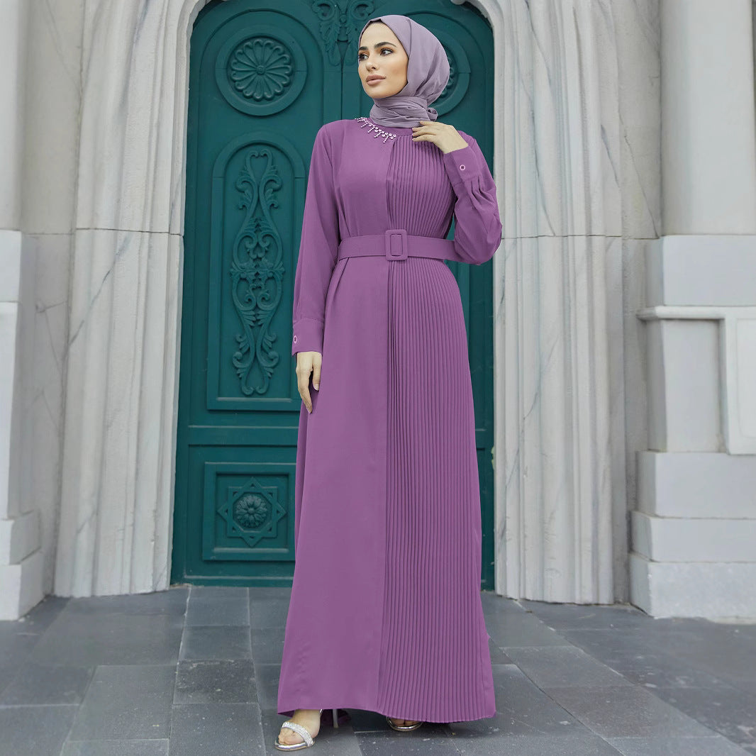 A1439 Middle East European And American Elegant Beaded Pleated Slim Fit Dress Muslim Dress (Excluding Headscarf)