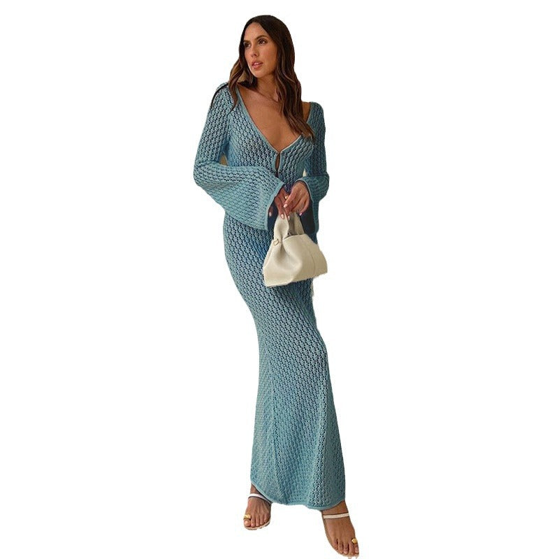 European And American Autumn And Winter New Beach Dress Solid Color Sexy Backless Knitted Hollow One-piece Dress Bikini Swimsuit Cover-up