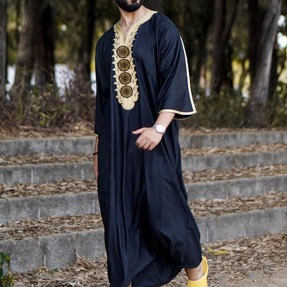 2025 Ethnic Style Men's Long Shirt Casual Youth Ordinary Black Muslim Robe 1134998
