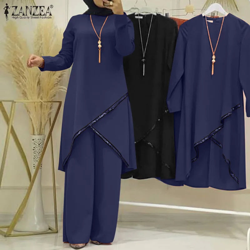 Autumn Muslim Sets Long Sleeve O-Neck turkish Blouse Wide Leg Pant Suit ZANZEA Casual Solid Women Matching Set Ladies Outfits
