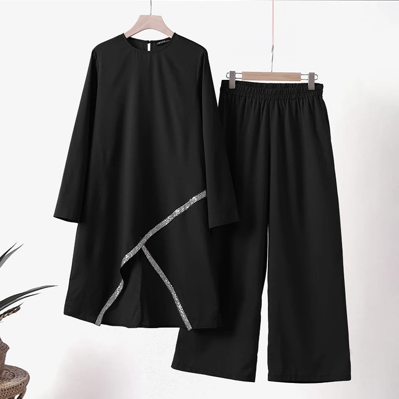Autumn Muslim Sets Long Sleeve O-Neck turkish Blouse Wide Leg Pant Suit ZANZEA Casual Solid Women Matching Set Ladies Outfits