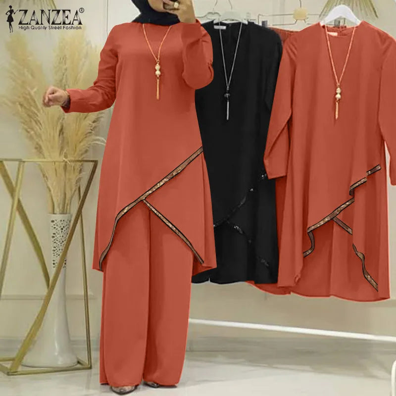 Autumn Muslim Sets Long Sleeve O-Neck turkish Blouse Wide Leg Pant Suit ZANZEA Casual Solid Women Matching Set Ladies Outfits