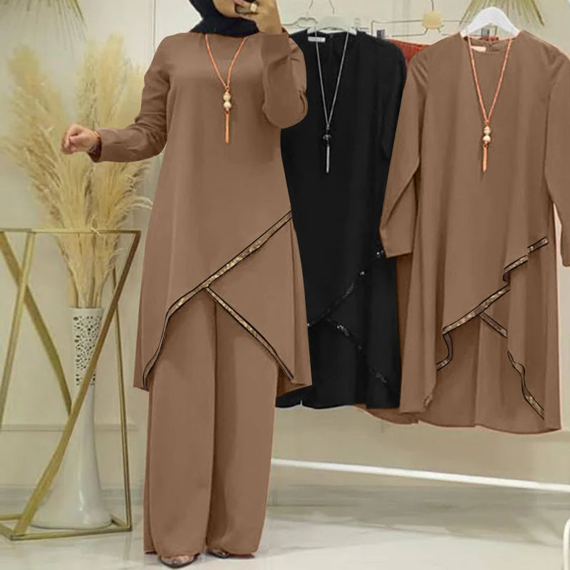 Autumn Muslim Sets Long Sleeve O-Neck turkish Blouse Wide Leg Pant Suit ZANZEA Casual Solid Women Matching Set Ladies Outfits