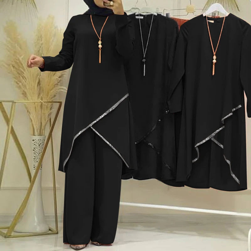 Autumn Muslim Sets Long Sleeve O-Neck turkish Blouse Wide Leg Pant Suit ZANZEA Casual Solid Women Matching Set Ladies Outfits