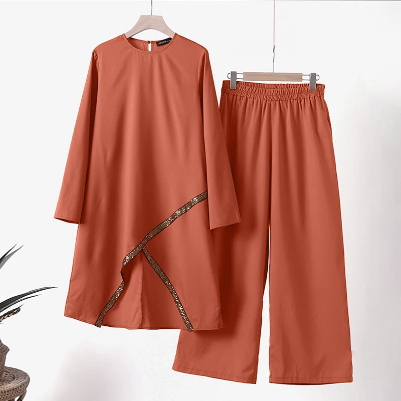 Autumn Muslim Sets Long Sleeve O-Neck turkish Blouse Wide Leg Pant Suit ZANZEA Casual Solid Women Matching Set Ladies Outfits