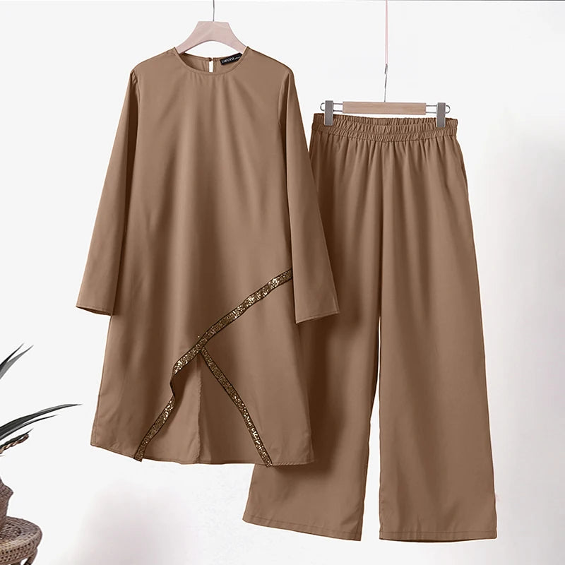 Autumn Muslim Sets Long Sleeve O-Neck turkish Blouse Wide Leg Pant Suit ZANZEA Casual Solid Women Matching Set Ladies Outfits