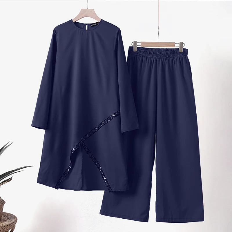Autumn Muslim Sets Long Sleeve O-Neck turkish Blouse Wide Leg Pant Suit ZANZEA Casual Solid Women Matching Set Ladies Outfits