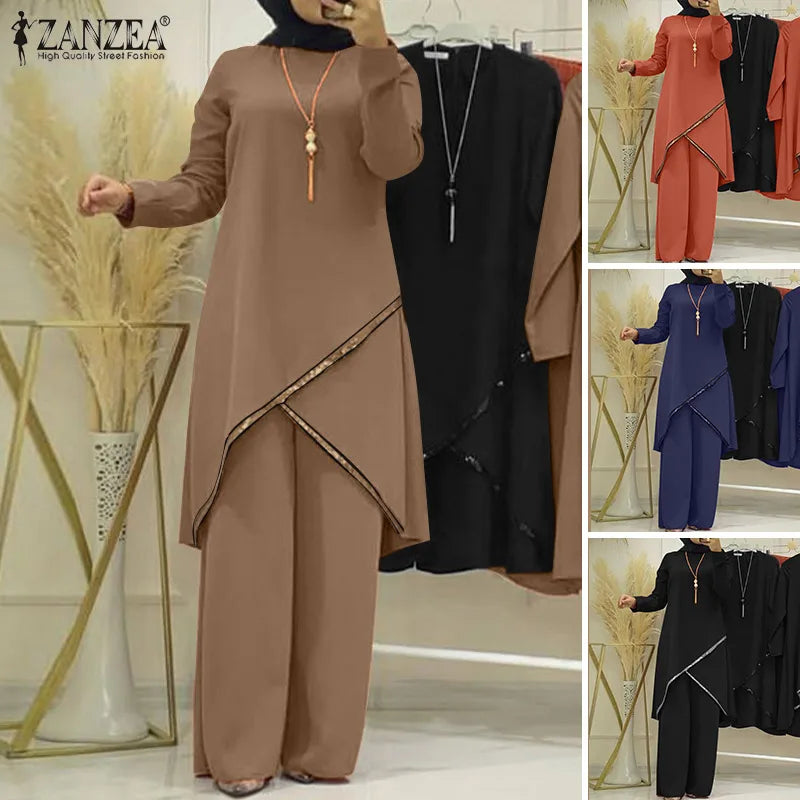 Autumn Muslim Sets Long Sleeve O-Neck turkish Blouse Wide Leg Pant Suit ZANZEA Casual Solid Women Matching Set Ladies Outfits