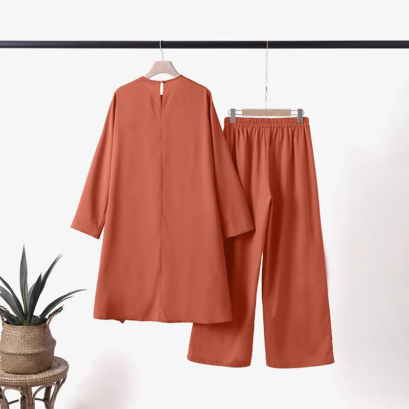 Autumn Muslim Sets Long Sleeve O-Neck turkish Blouse Wide Leg Pant Suit ZANZEA Casual Solid Women Matching Set Ladies Outfits