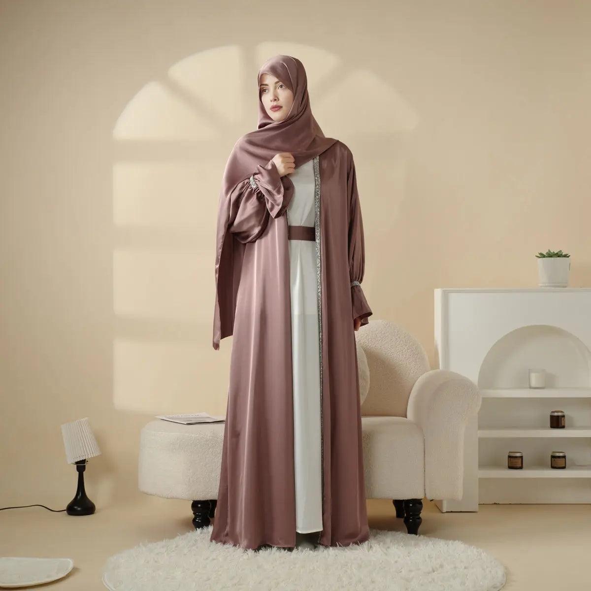 Poet Sleeve Satin Open Abaya With Matching Belt and Hijab (MOA009)