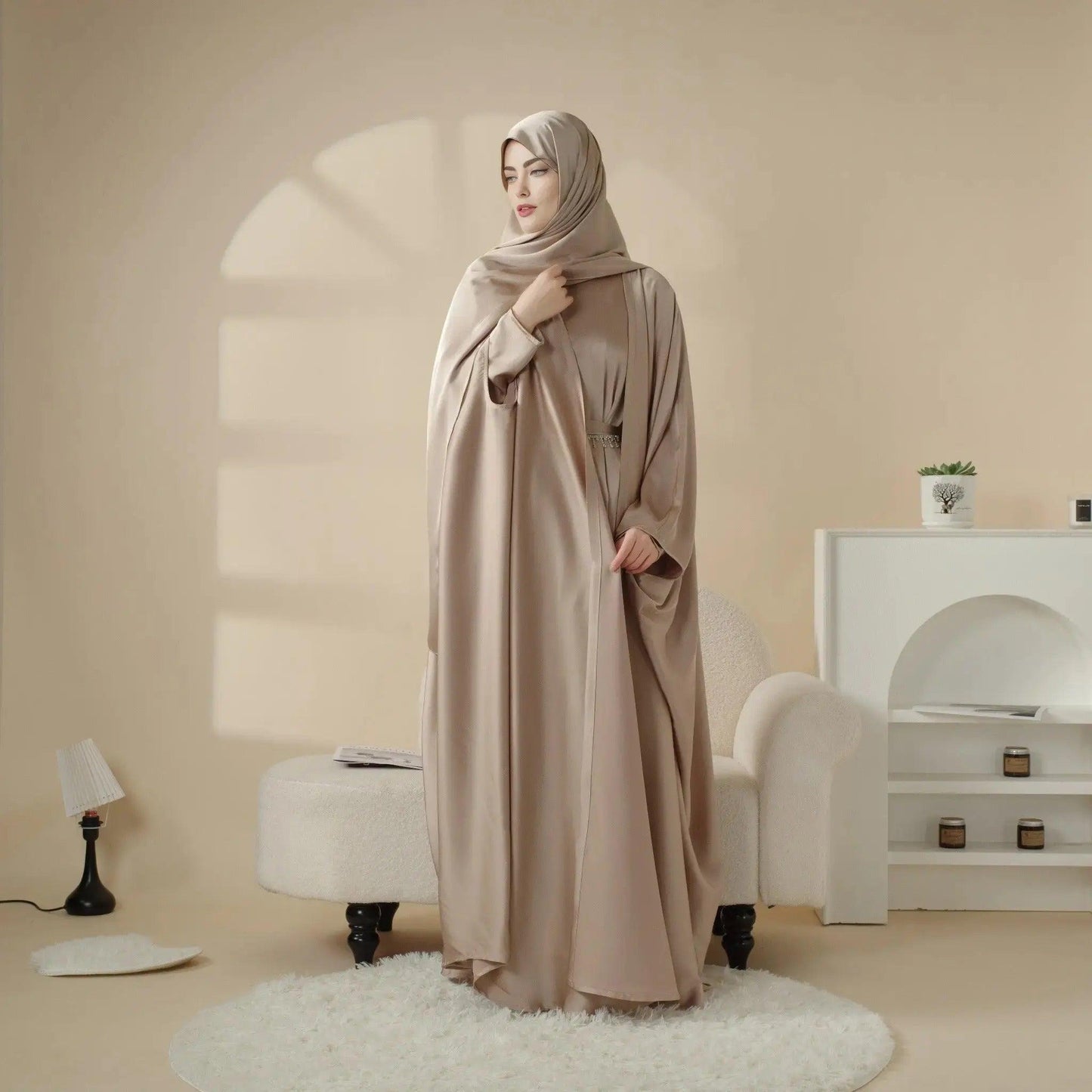 5-Piece Set Butterfly Abaya With Niqab, Loose Full Cover Satin Abaya (MOA019)