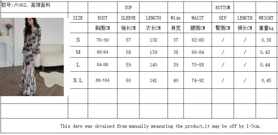 Fashionable and romantic floral print long sleeved semi transparent dress for women in spring and summer, elegant