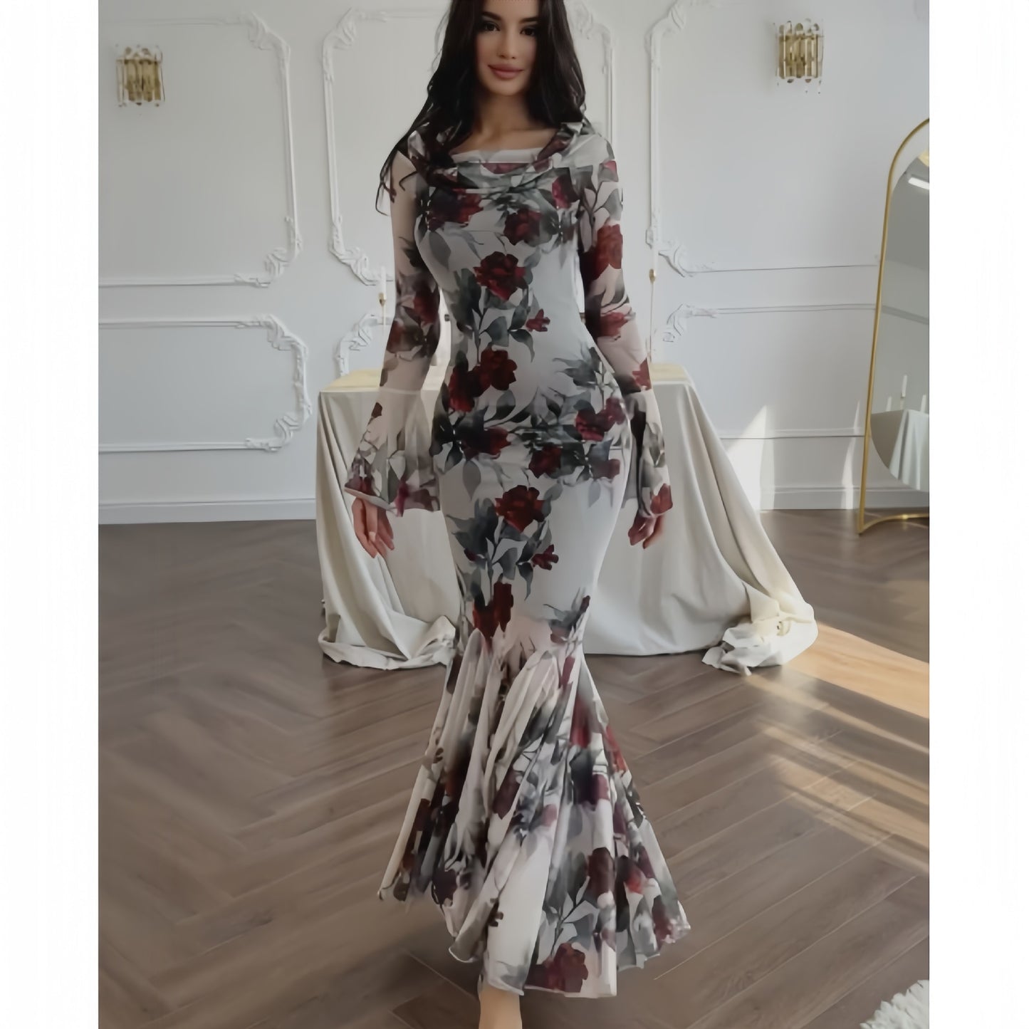 Fashionable and romantic floral print long sleeved semi transparent dress for women in spring and summer, elegant
