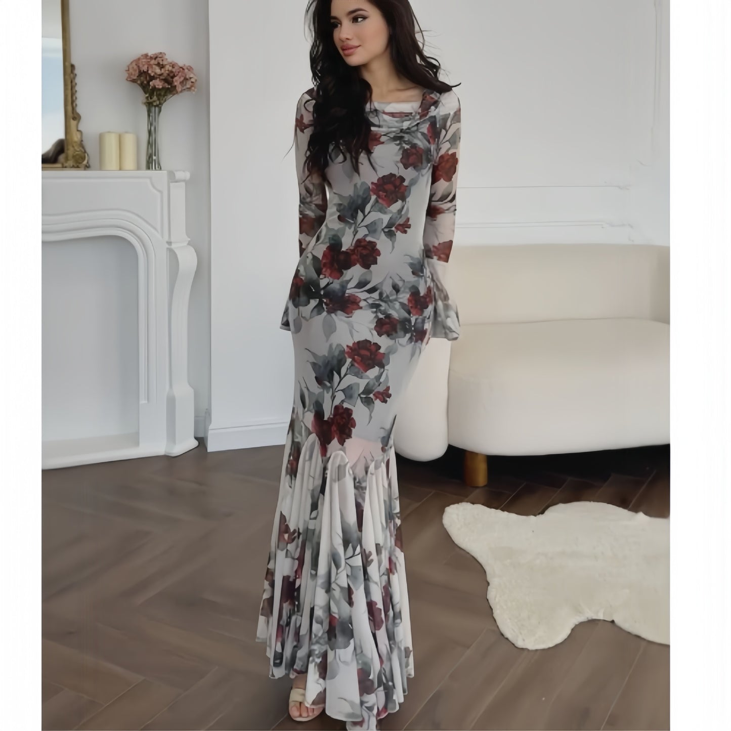 Fashionable and romantic floral print long sleeved semi transparent dress for women in spring and summer, elegant