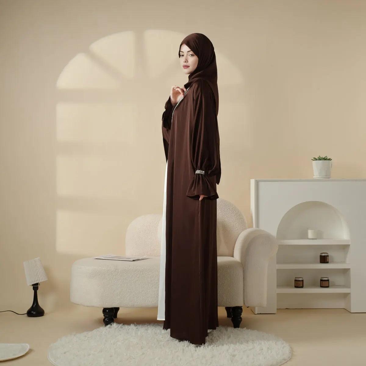 Poet Sleeve Satin Open Abaya With Matching Belt and Hijab (MOA009)