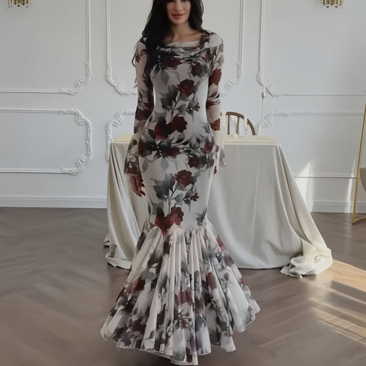 Fashionable and romantic floral print long sleeved semi transparent dress for women in spring and summer, elegant