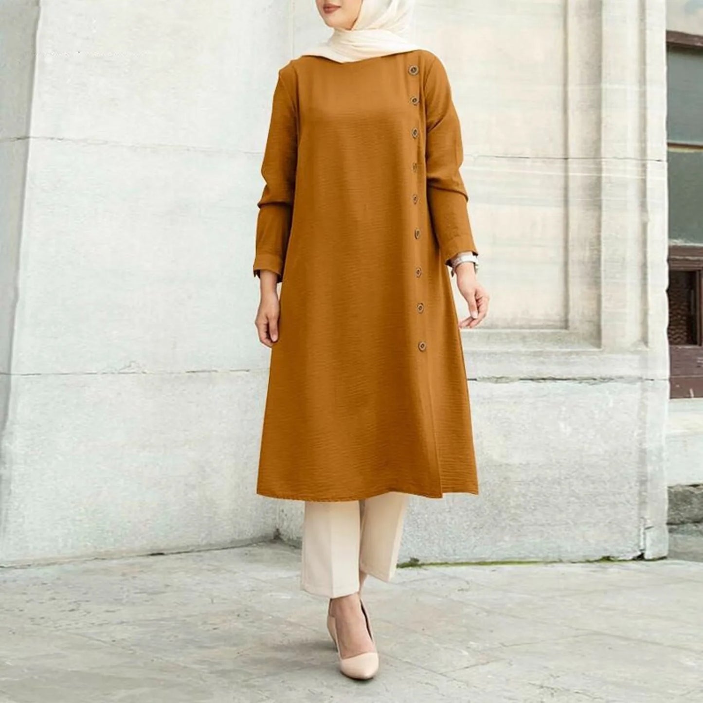 Arab Women Muslim Long Sleeve Blouse Dress Casual Loose Blouse Shirts Tops Tunic Loose Chemise Morocco Turkish Solid Dress