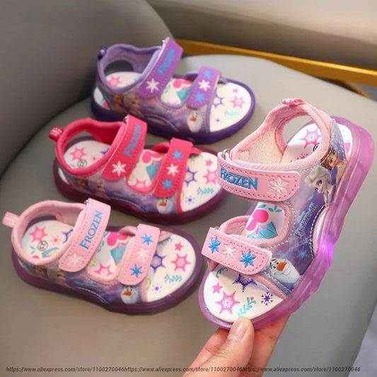 Disney Frozen Cartoon Cartoon Children Casual Shoes Girls Sneakers Casual LED Light Flash Sandals Baby Kids Elsa Princess Shoes