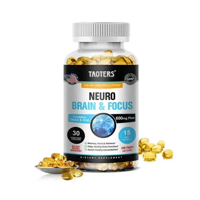 Memory, Focus, Clarity, Energy Brain Supplement - Nootropic Brain Booster DMAE Vitamins A, C, D, E, B1, B2, B3, B5, B6 Capsules