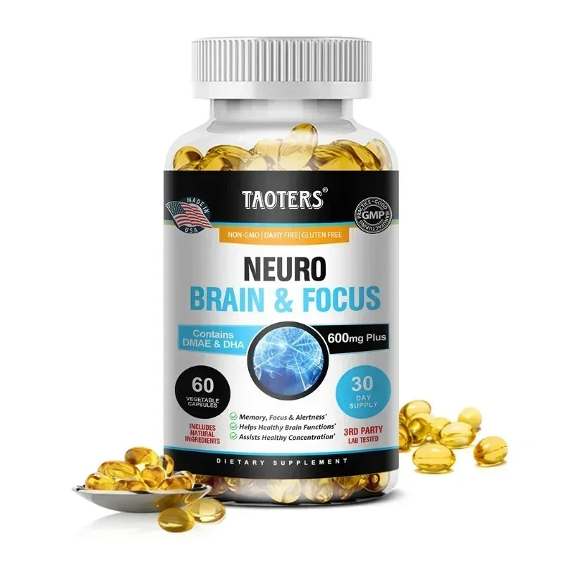 Memory, Focus, Clarity, Energy Brain Supplement - Nootropic Brain Booster DMAE Vitamins A, C, D, E, B1, B2, B3, B5, B6 Capsules