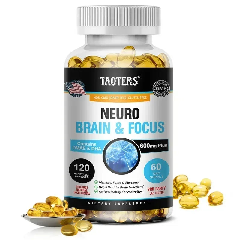 Memory, Focus, Clarity, Energy Brain Supplement - Nootropic Brain Booster DMAE Vitamins A, C, D, E, B1, B2, B3, B5, B6 Capsules