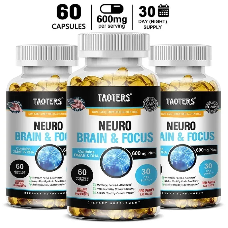 Memory, Focus, Clarity, Energy Brain Supplement - Nootropic Brain Booster DMAE Vitamins A, C, D, E, B1, B2, B3, B5, B6 Capsules