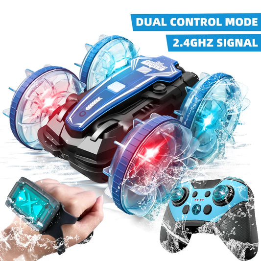 New LED Amphibious RC car Dual remote control waterproof stunt car double side flip drift drive 360 ° rotation rc cars Kids toy