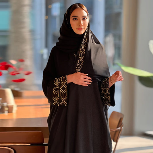 Abaya New Women's Muslim Clothing Elegant Cardigan Robe Bat Sleeves Gold Thread Embroidered Headscarf