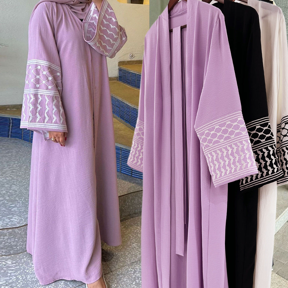 Cross-border Heavy Industry Embroidery Middle Eastern Muslim Clothing Fashionable And Elegant Pocket Cardigan Strappy Dress Robe