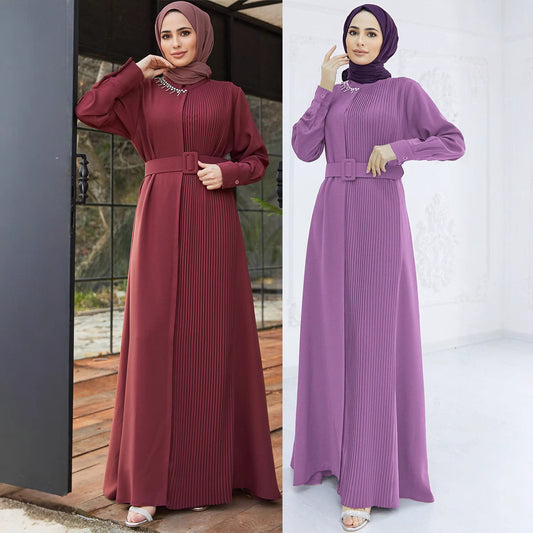 A1439 Middle East European And American Elegant Beaded Pleated Slim Fit Dress Muslim Dress (Excluding Headscarf)