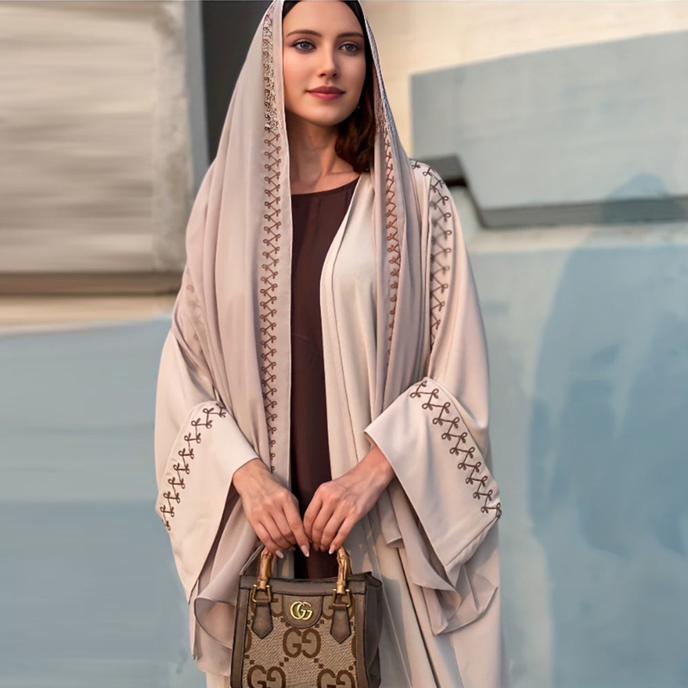 Women's Clothing Abaya Middle Eastern Muslim Headscarf Cardigan Embroidered Long Skirt Arabic Robe Bat Sleeves Draped Across The Border