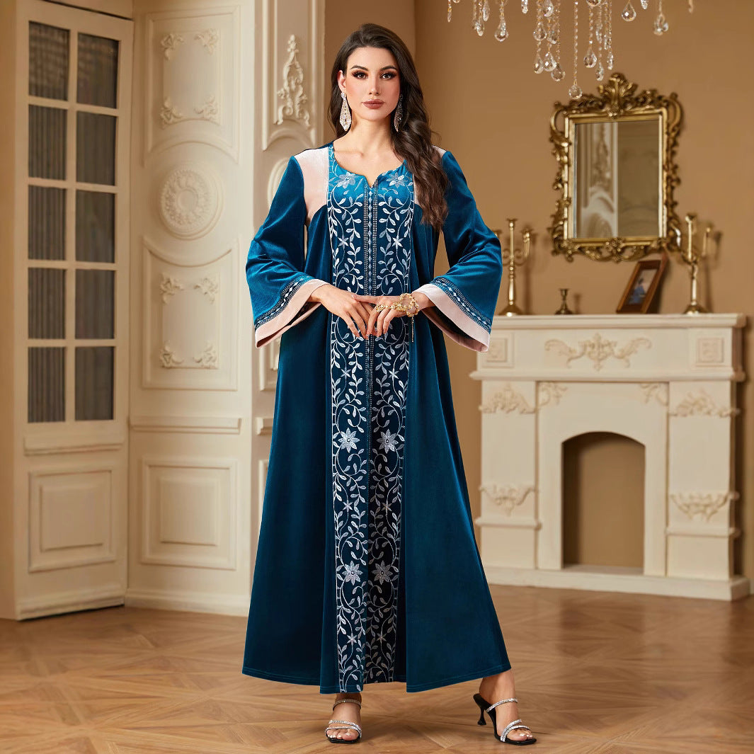 6602# Cross-border Middle East Women's Gold Velvet Heavy Industry Embroidery Stitching Muslim Dress V-neck Dubai Long Dress