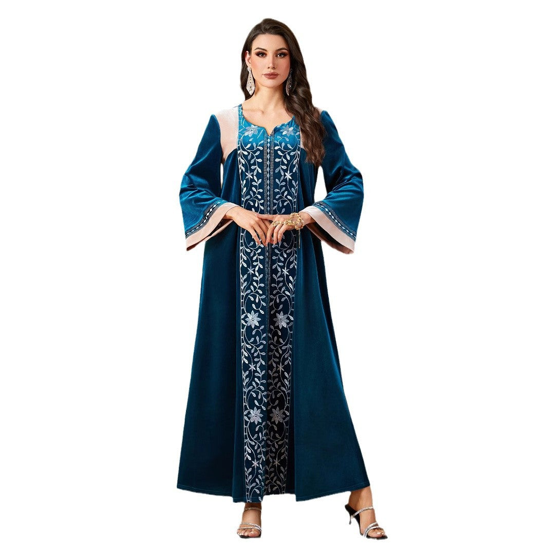 6602# Cross-border Middle East Women's Gold Velvet Heavy Industry Embroidery Stitching Muslim Dress V-neck Dubai Long Dress