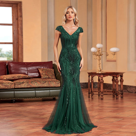 European And American Amazon 2023 New Green Sequin Dress Long Slim Fishtail Bridesmaid Banquet Evening Dress For Women