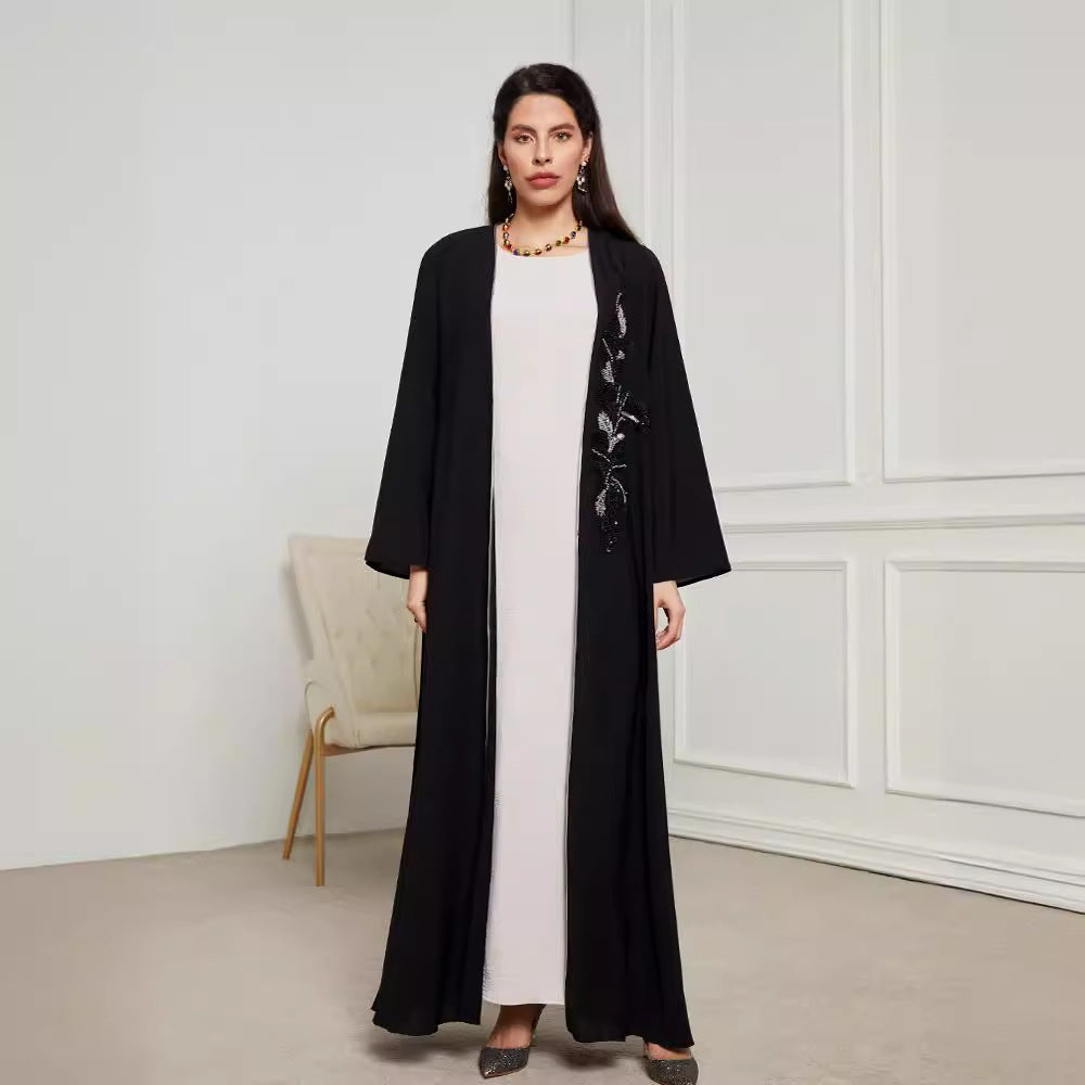 2025 New Handmade Beading Middle Eastern Muslim Clothing Long Skirt Fashionable Elegant Cardigan Contrast Color Dress Robe