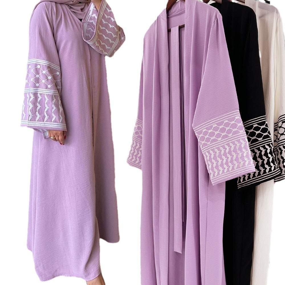 Cross-border Heavy Industry Embroidery Middle Eastern Muslim Clothing Fashionable And Elegant Pocket Cardigan Strappy Dress Robe