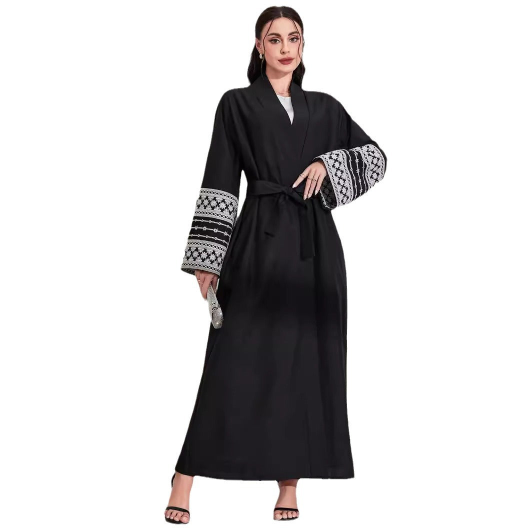 2025 Middle Eastern Muslim Fashion Elegant Cardigan Embroidered Belt Dress Pocket Robe