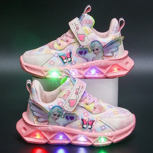 Pink Elsa Princess Baby Girls Sneaker Cartoon Fashion Children's Shoes Spring Autumn Kids Led Lighting Sports Sneakers