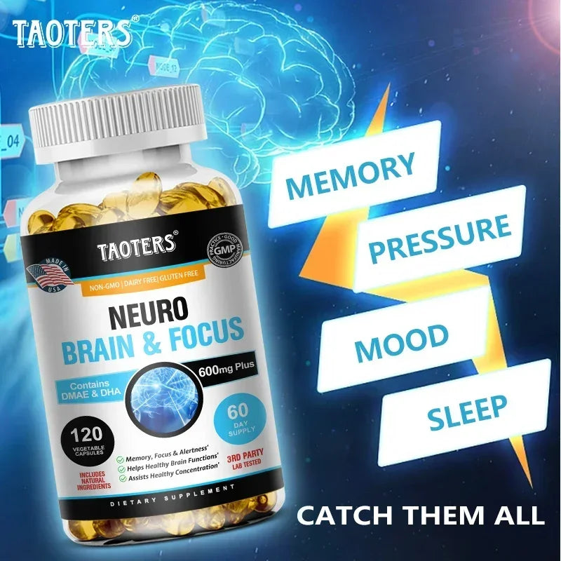 Memory, Focus, Clarity, Energy Brain Supplement - Nootropic Brain Booster DMAE Vitamins A, C, D, E, B1, B2, B3, B5, B6 Capsules