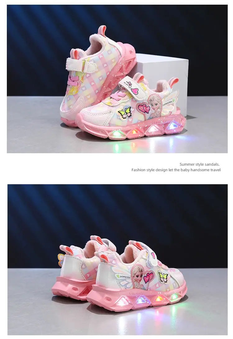 Disney LED Casual Sneakers For Spring Girls Frozen Elsa Princess Print Pu Leather Shoes Children Lighted Non-slip Pink Purple