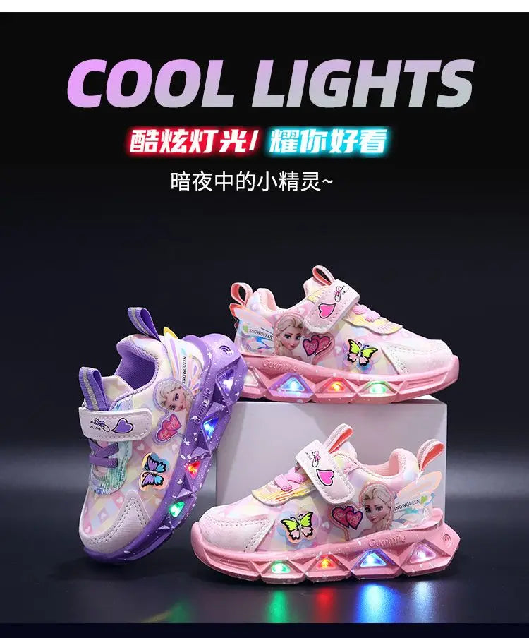 Disney LED Casual Sneakers For Spring Girls Frozen Elsa Princess Print Pu Leather Shoes Children Lighted Non-slip Pink Purple