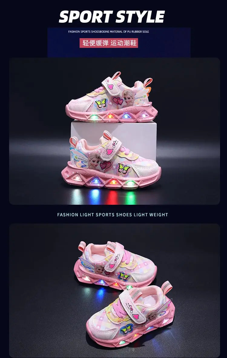 Disney LED Casual Sneakers For Spring Girls Frozen Elsa Princess Print Pu Leather Shoes Children Lighted Non-slip Pink Purple