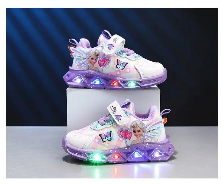 Disney LED Casual Sneakers For Spring Girls Frozen Elsa Princess Print Pu Leather Shoes Children Lighted Non-slip Pink Purple