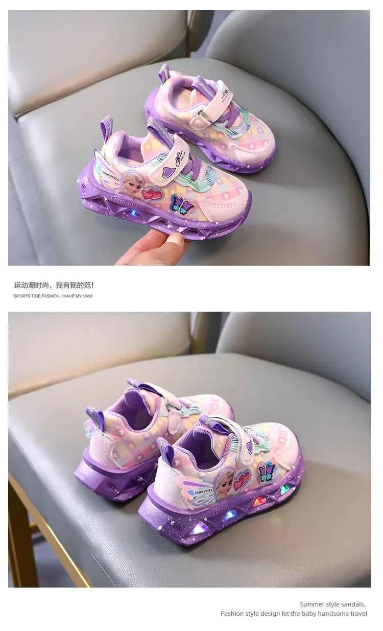 Disney LED Casual Sneakers For Spring Girls Frozen Elsa Princess Print Pu Leather Shoes Children Lighted Non-slip Pink Purple