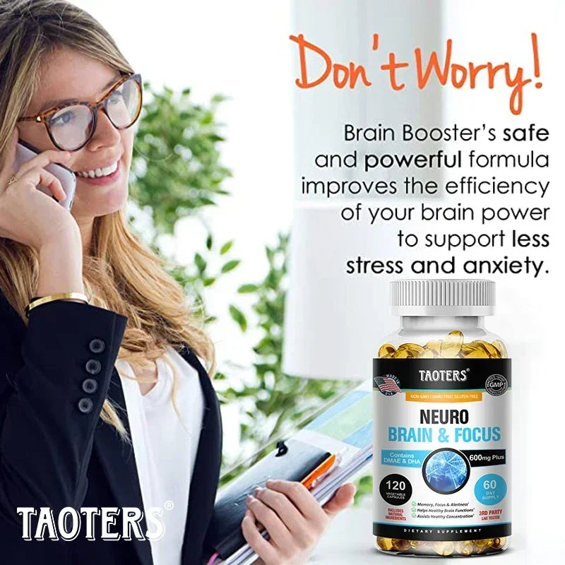 Memory, Focus, Clarity, Energy Brain Supplement - Nootropic Brain Booster DMAE Vitamins A, C, D, E, B1, B2, B3, B5, B6 Capsules