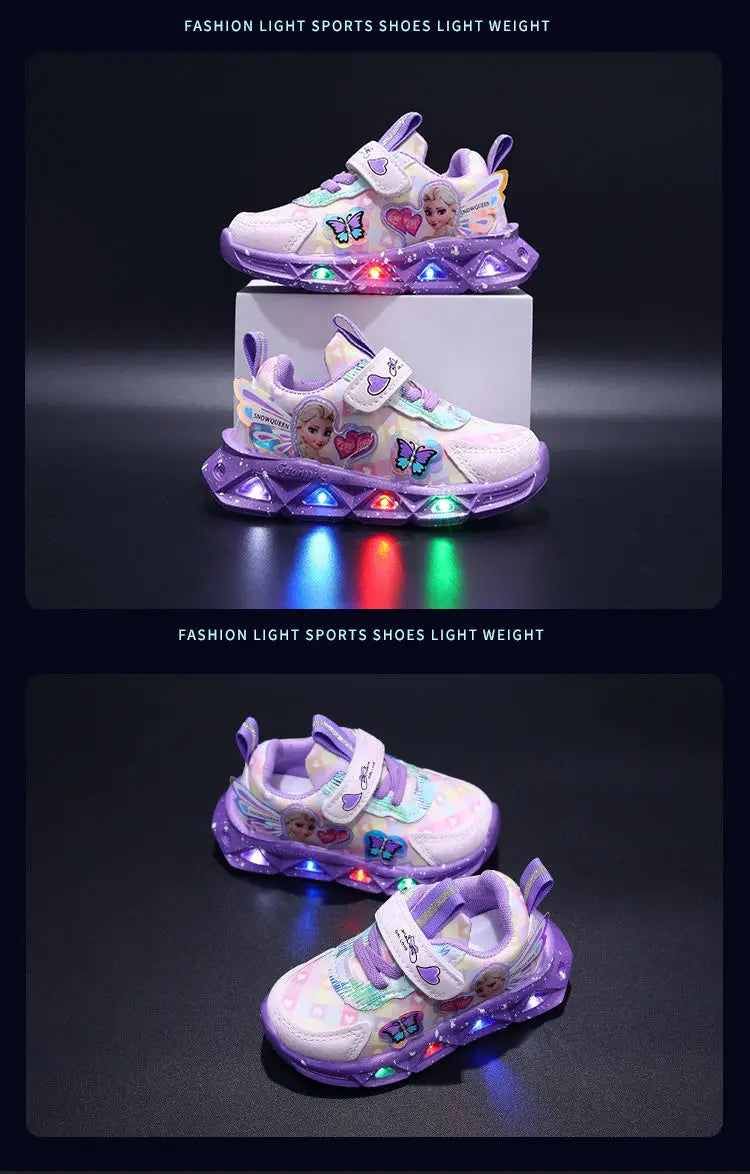 Disney LED Casual Sneakers For Spring Girls Frozen Elsa Princess Print Pu Leather Shoes Children Lighted Non-slip Pink Purple