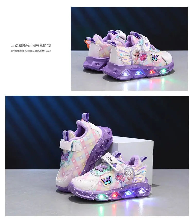 Disney LED Casual Sneakers For Spring Girls Frozen Elsa Princess Print Pu Leather Shoes Children Lighted Non-slip Pink Purple