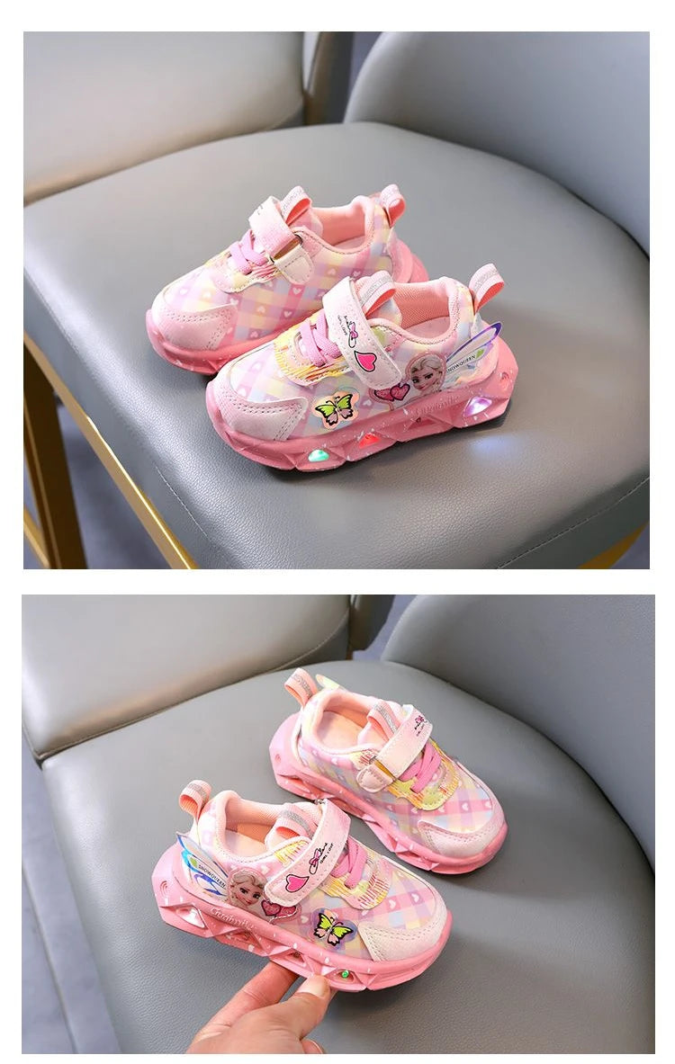 Disney LED Casual Sneakers For Spring Girls Frozen Elsa Princess Print Pu Leather Shoes Children Lighted Non-slip Pink Purple